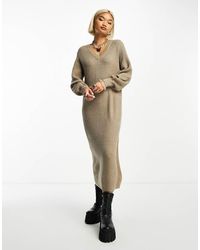 Object - Vestido Midi Beis Melange Estilo Jersey Con Cuello De Pico Y Mangas Globo De Punto De -Beis Neutro - Lyst