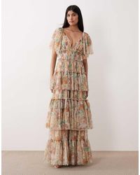 LACE & BEADS - Tulle Flutter Sleeve Tiered Maxi Dress - Lyst