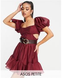 ASOS - Asos Design Petite Voile Mini Dress With Pleated Bodice And Pu Belt - Lyst