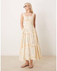 ASOS - Vestito Lungo Rustico Con Stampa Cartolina, Vita Scesa E Scollo Squadrato - Lyst