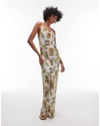 TOPSHOP - Maxi Jurk Van Kreukelstof Met Gedrapeerde Halslijn En Ansichtkaart- En Bloemenprint - Lyst