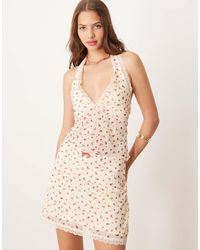 ASOS - Top Escotado De Malla Con Estampado De, Cuello Halter Y Ribete De Encaje De - Lyst