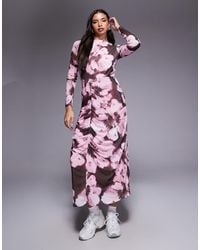 ASOS - Vestido Midi Monocromático De Manga Larga Con Estampado Abstracto Y Detalle De Costura De Malla De - Lyst