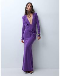 ASOS - Shoulder Pad Slinky Maxi Dress With Sweeping Drape Detail - Lyst