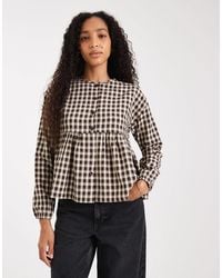 Threadbare - – langärmelige bluse mit braunem vichy-karomuster, knopfleiste und schößchensaum - Lyst