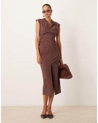 ASOS - Midi Jurk Van Bengaline Met V-Hals, Geplooide Schouders En Gerimpelde Taille - Lyst