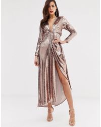 ASOS Diepuitgesneden Asymmetrische Lange Jurk Met Lovertjes - Roze