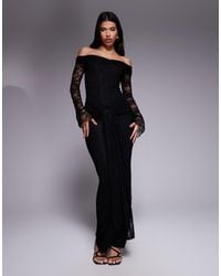 Kaiia - Exclusive Double Layered Slinky Lace Bardot Flare Sleeve Tie Waist Drape Detail Maxi Dress - Lyst