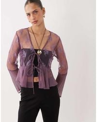 Miss Selfridge - Lace Chiffon Mix Ruffle Tie Front Blouse - Lyst
