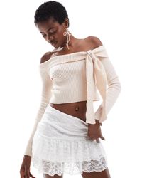 Daisy Street - Cream Off The Shoulder Rib Jumper With Tie Detail - Lyst