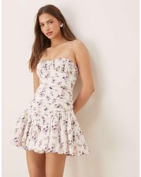 ASOS - Mini-Jurk Van Mesh Met Camibandjes, Gerimpelde Buste, Volle Rok En Fijne Bloemenprint - Lyst