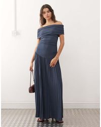 Lioness - Field Of Dreams Foldover Bardot Ruched Drop Waist Pleated Maxi Dress - Lyst