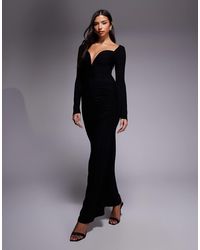 ASOS - Long Sleeve Deep Plunge Maxi Dress With V-bar Trim - Lyst