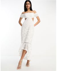 ASOS - Lace Bardot Cut Out Maxi Dress With Frill Hem - Lyst
