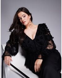 ASOS - Curve Mesh Floral Bardot Long Sleeved Top With Velvet Flowers And Pearl Embellishment - Lyst