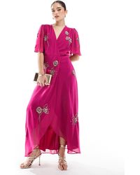Hope & Ivy - Embellished Flutter Sleeve Maxi Wrap Dress With Tie Waist - Lyst