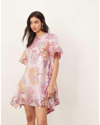 ARRANGE - Vestito Corto A Trapezio Asimmetrico Con Stampa A Fiori E Paillettes - Lyst
