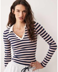 Miss Selfridge - Stripe Rib Long Sleeve Polo Top - Lyst