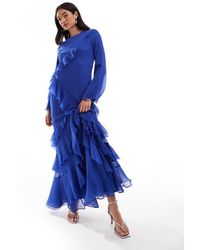 ASOS - Vestito Lungo A Maniche Lunghe Svasate Cobalto Con Volant - Lyst