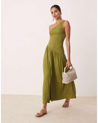 ASOS - Crinkle Shirred Bodice One Shoulder Asym Dropped Waist Midi Dress - Lyst