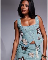 ASOS - – denim-korsett-top mit perlenverzierung im meereslandschaft-design, kombiteil - Lyst
