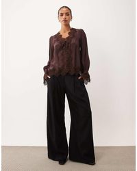 Nobody's Child - Wilde Satin Lace Detail Tie Bust Long Sleeve Blouse - Lyst