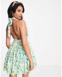 sachin and babi light blue dress ASOS DESIGN Curve high neck pleated long sleeve skater midi dress with  embroidery in navy