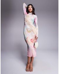 AFRM - Vestido Midi Rosa De Manga Larga Con Estampado Floral Y Cuello Alzado De - Lyst