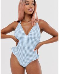 ASOS Grote Cupmaten - Badpak Met Bandjes Achterop, Ruches En Blauwe Gingham-ruit