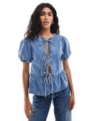 ASOS - Puff Sleeve Denim Blouse With Tie Front - Lyst