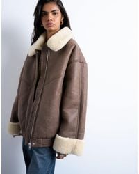 TOPSHOP - Vintage Washed Faux Shearling Super Oversized Bomber Jacket - Lyst
