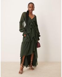 ASOS - Vestito Lungo Oliva Scuro A Balze Con Orlo Asimmetrico, Pinces, Volant E Scollo A V - Lyst