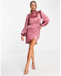 Flounce London Balloon Sleeve Wrap Mini Dress - Pink