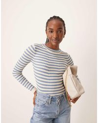 Pieces - Grofgebreide Geribbelde Top Met Lange Mouwen En Denimblauwe Strepen - Lyst