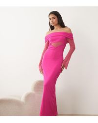 Kaiia - Exclusive Textured Mesh Bardot Angel Sleeve Sheer Panel Detail Maxi Dress - Lyst