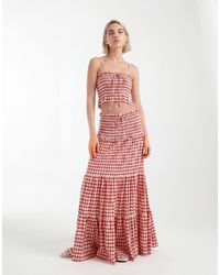 ASOS - Jupe longue d'ensemble en crépon à carreaux vichy avec taille froncée et volants étagés - Lyst