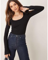 Gina Tricot - Zachte Top Met Lange Mouwen, Lage Ronde Hals En Split - Lyst