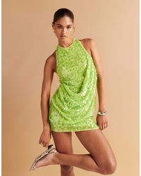 ASOS - Vestito Corto Accollato Fluo Decorato Con Paillettes, Parte Anteriore Drappeggiata E Schiena Scoperta - Lyst