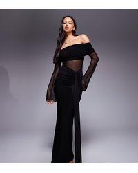 Kaiia - Exclusive Double Layered Slinky Foldover Bardot Sheer Panel Ruched Skirt Maxi Dress - Lyst