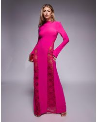 ASOS - Robe longue à manches longues et col montant avec empiècements cousus en dentelle - rose - Lyst