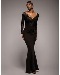 Goddiva - Scalloped Lace Bodice Long Sleeve Bardot Maxi Dress - Lyst