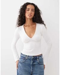 Motel - Emesy Thick Rib V Neck Long Sleeve Top - Lyst
