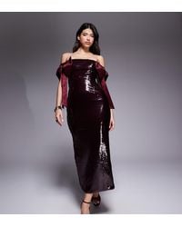 Kaiia - Exclusive Sequin Off Shoulder Oversized Bow Detail Maxi Dress - Lyst
