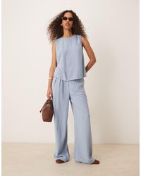 ASOS - Pantalones Azules De Pernera Ancha Con Pinzas Delanteras De Mezcla De Lino De (Parte De Un Conjunto) - Lyst