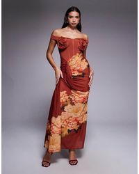 ASOS - Floral Bust Detail Bardot Maxi Dress With Draped Skirt - Lyst