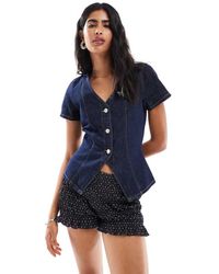 ASOS - Denim Button Up Top With V Neck And Half Sleeve - Lyst