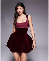 Murci - Satin Contrast Square Neck Bow Tie Back Velvet Mini Dress - Lyst