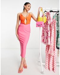 Vesper - Vestito midi con spalline sottili color block rosa e mandarino - Lyst