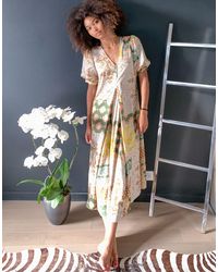 Y.A.S Lange Jurk Met V-hals, Pofmouwen En Gemengde Sjaalprint - Meerkleurig