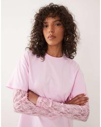 Miss Selfridge - Oversized Tshirt With Lace Sleeve - Lyst